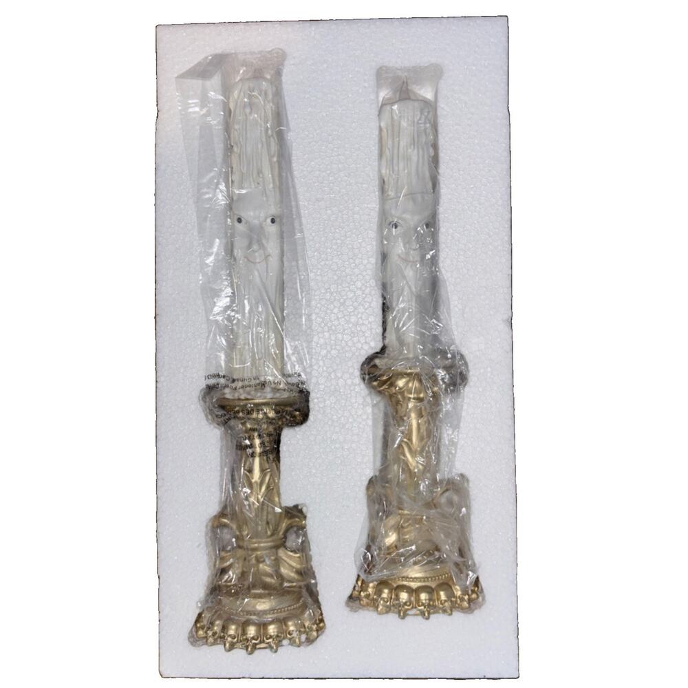 Moonlight Manor LED Lighted Halloween Candle Stick Set w Faces Gold Skull Base